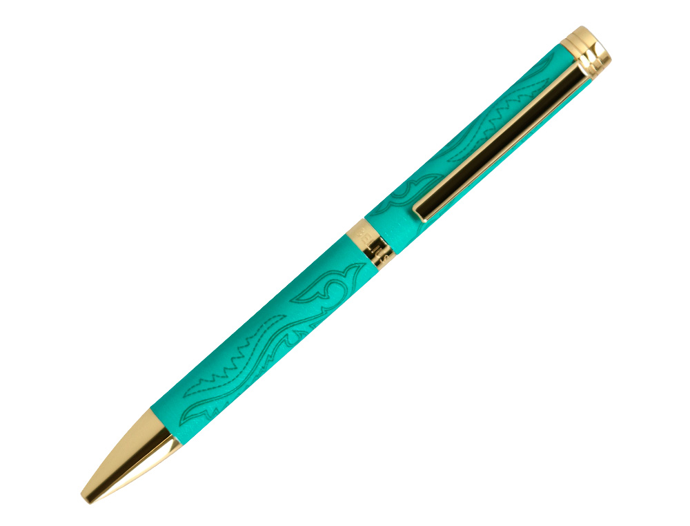 STYLO-BILLE BELIUS WILD WEST ALUMINIUM ENCRE BLEUE COLORIS VERT   DORE BOITE DESIGN