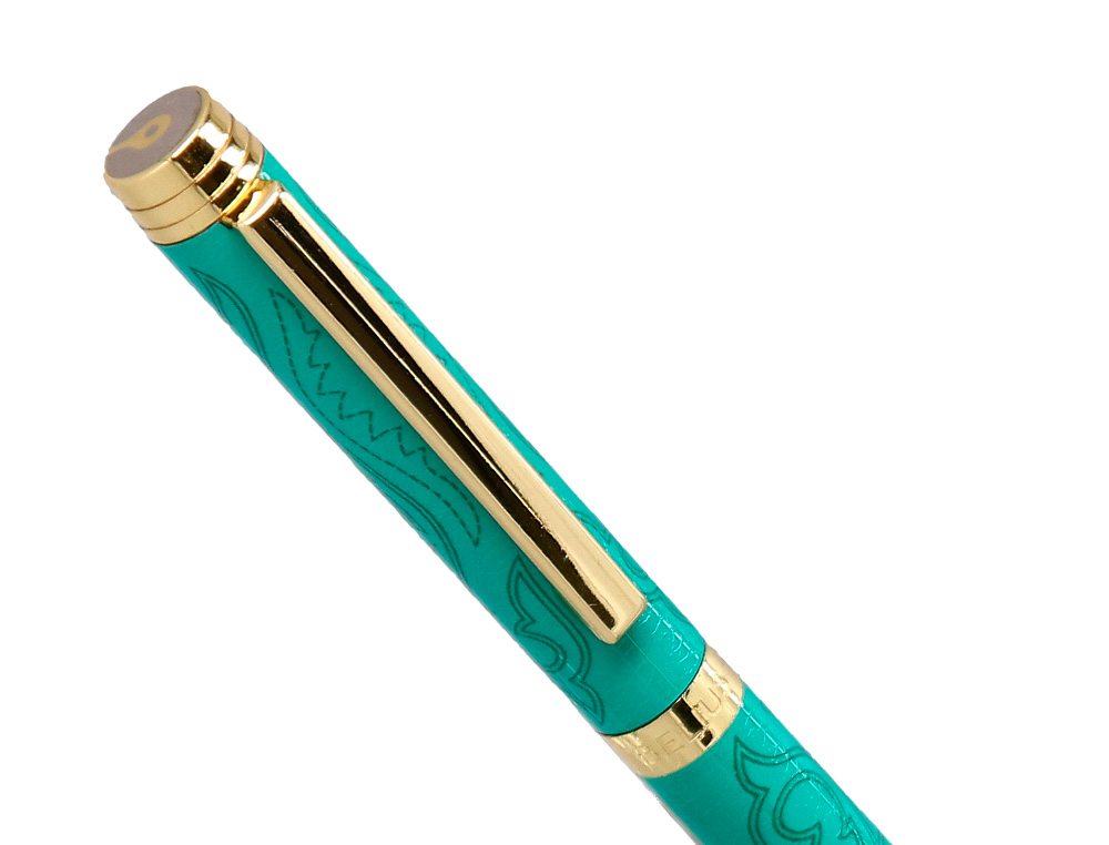 STYLO-BILLE BELIUS WILD WEST ALUMINIUM ENCRE BLEUE COLORIS VERT   DORE BOITE DESIGN