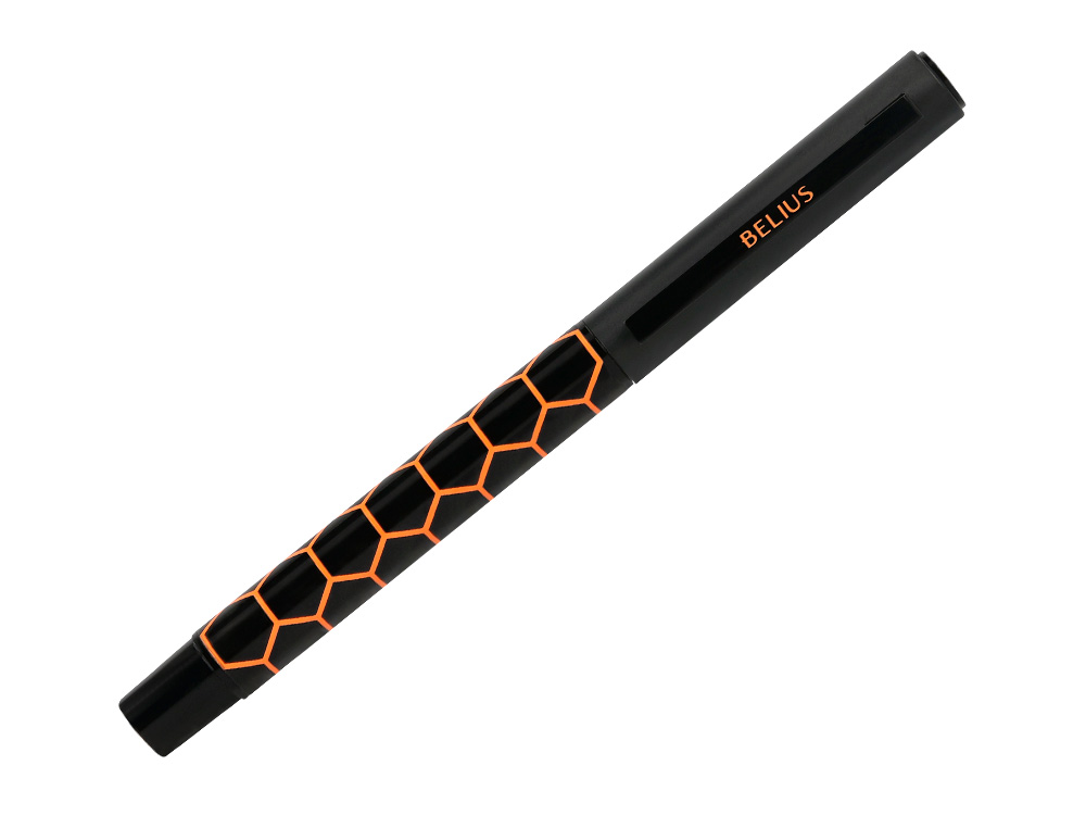 STYLO-BILLE BELIUS LEGACY ALUMINIUM ENCRE BLEUE DESIGN  HEXAGONE ORANGE CORPS NOIR    BOITE DESIGN