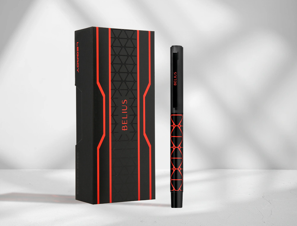 STYLO-BILLE BELIUS LEGACY ALUMINIUM ENCRE BLEUE DESIGN  TRIANGLE ROUGE CORPS NOIR     BOITE DESIGN