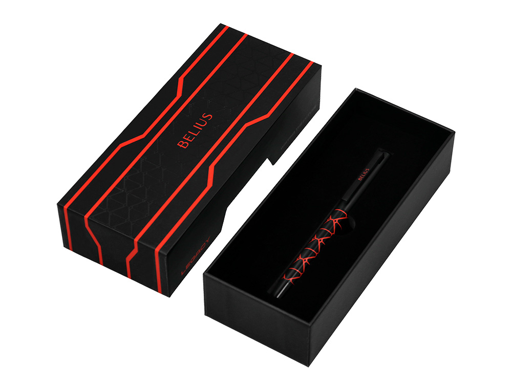 STYLO-BILLE BELIUS LEGACY ALUMINIUM ENCRE BLEUE DESIGN  TRIANGLE ROUGE CORPS NOIR     BOITE DESIGN
