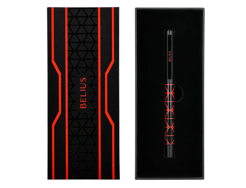 STYLO-BILLE BELIUS LEGACY ALUMINIUM ENCRE BLEUE DESIGN  TRIANGLE ROUGE CORPS NOIR     BOITE DESIGN