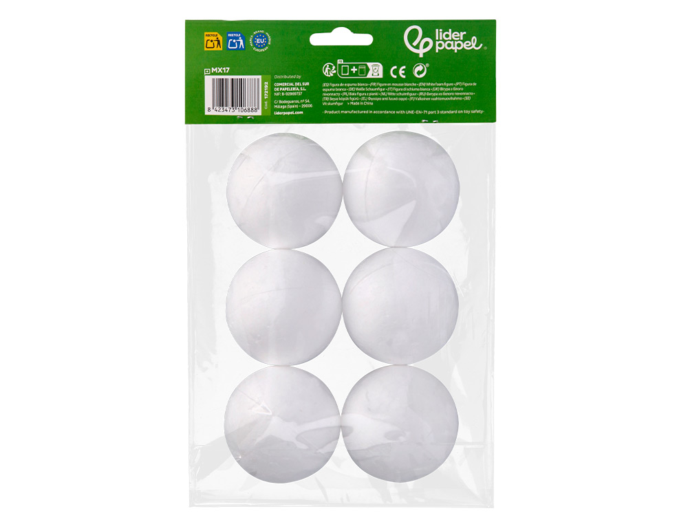 FORME LIDERPAPEL MOUSSE POLYSTYRENE BOULES DIAMETRE   7CM COLORIS BLANC SACHET 6    UNITES