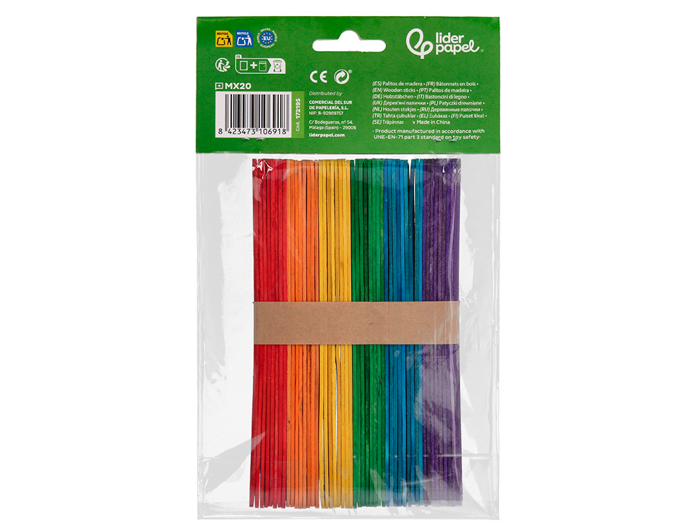 BATONNETS LIDERPAPEL BOIS DIM. 15X1,8CM COLORIS ASSORTIS SACHET 50 UNITES