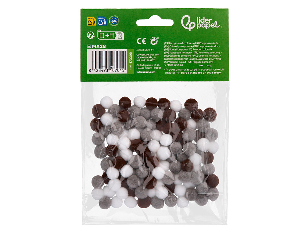 POMPONS DE COULEUR LIDERPAPEL DIAMETRE 1CM COLORIS NUANCES NEUTRES ASSORTIS SACHET 120 UNITES