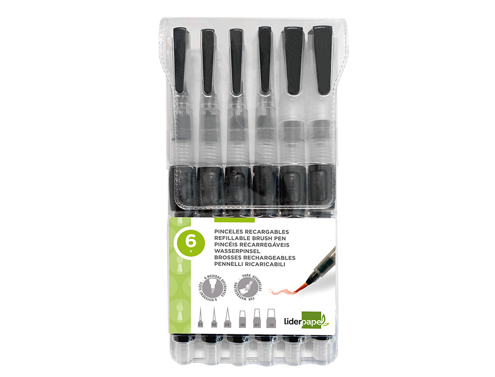 PINCEAU LIDERPAPEL RECHARGEABLE POINTES TAILLES  ASSORTIES SET 6 UNITES