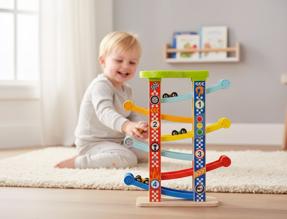 JEU ENFANT IMAGINOVO TOUR A TOBOGGAN BOIS 7 NIVEAUX 6     VOITURES INCLUS +18 MOIS      38X32X14 CM