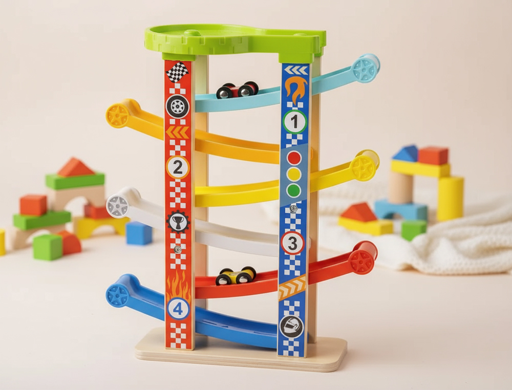 JEU ENFANT IMAGINOVO TOUR A TOBOGGAN BOIS 7 NIVEAUX 6     VOITURES INCLUS +18 MOIS      38X32X14 CM