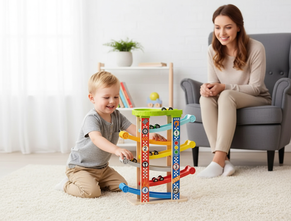 JEU ENFANT IMAGINOVO TOUR A TOBOGGAN BOIS 7 NIVEAUX 6     VOITURES INCLUS +18 MOIS      38X32X14 CM