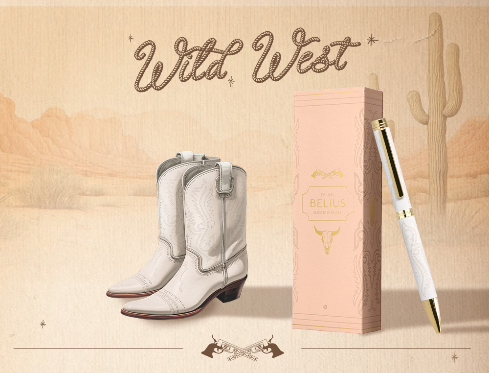 STYLO-BILLE BELIUS WILD WEST ALUMINIUM ENCRE BLEUE         ATTRIBUTS DORES COLORIS CREME COFFRET DESIGN