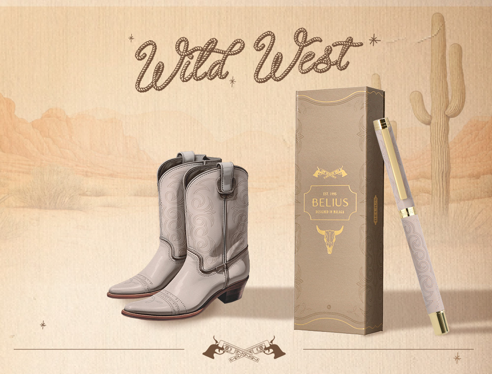 STYLO-BILLE BELIUS WILD WEST ALUMINIUM ENCRE NOIRE         ATTRIBUTS DORES COLORIS BEIGE COFFRET DESIGN