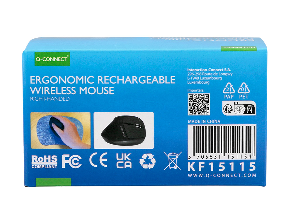 SOURIS Q-CONNECT OPTIQUE SANS FIL ERGONOMIQUE VERTICAL DPI 800/1200/1600 BATTERIE RECHARGEABLE COLORIS NOIR