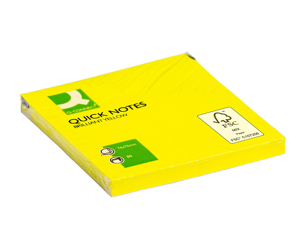 BLOC-NOTES Q-CONNECT QUICK NOTES COULEURS NÉON 76X76MM 80F REPOSITIONNABLES COLORIS JAUNE VIF