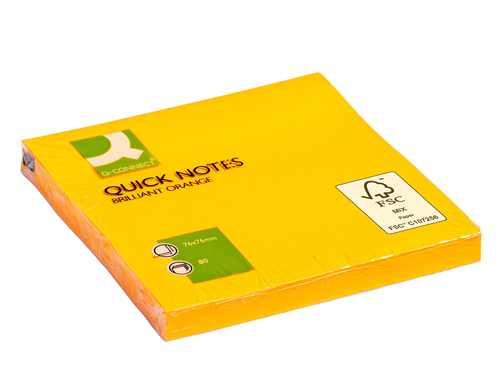 BLOC-NOTES Q-CONNECT QUICK NOTES COULEURS NON 76X76MM 80F REPOSITIONNABLES COLORIS ORANGE VIF