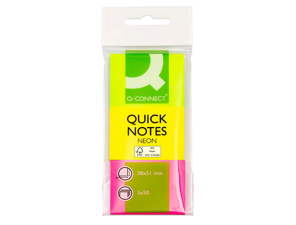 BLOC-NOTES Q-CONNECT COULEURS NÉON 38X51MM 50F REPOSITIONNABLES COLORIS ASSORTIS 3 BLOCS
