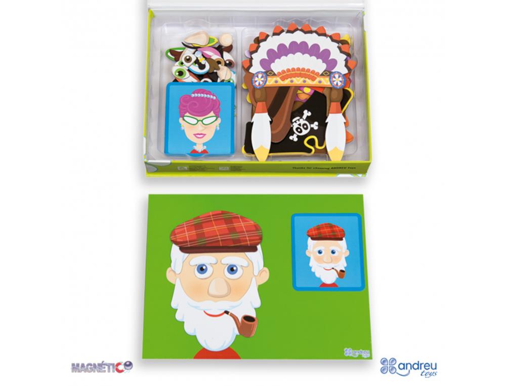 JEU DES VISAGES MAGNETIQUES A RECONSTITUER ANDREU TOYS EN   BOIS93 PIECES ET 12 FICHES    MODELES