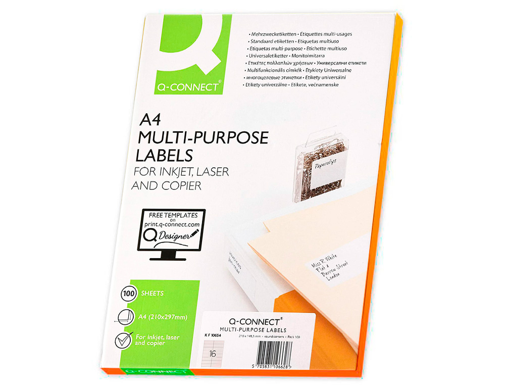 ÉTIQUETTE ADHÉSIVE Q-CONNECT 105X37MM COINS DROITS IMPRIMANTE JET D'ENCRE LASER COPIEUR BOÎTE 100 FEUILLES 1600 UNITÉS