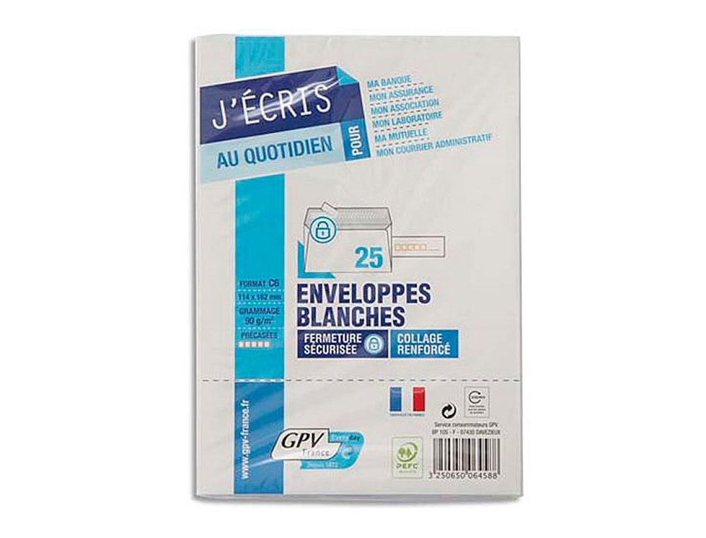 ENVELOPPE GPV PRÉCASÉE VÉLIN BLANC 90G C6 114X162MM ADHÉSIVE FOND GRIS PAQUET 25 UNITÉS