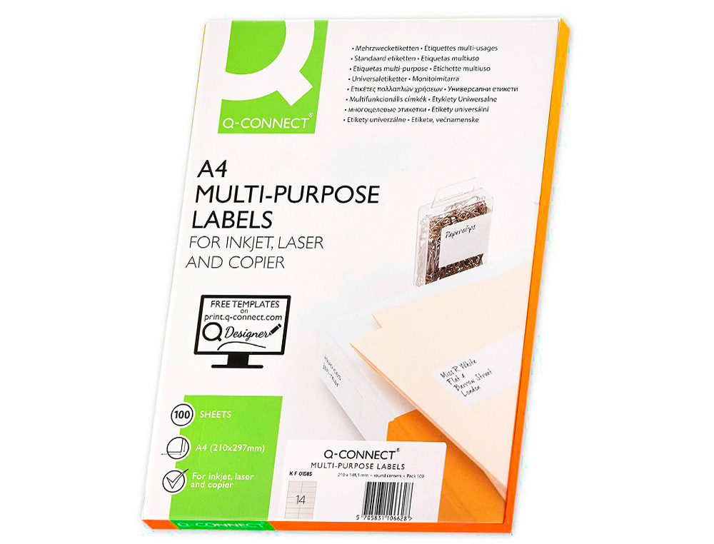 ÉTIQUETTE ADHÉSIVE Q-CONNECT 99X38.1MM COINS ARRONDIS IMPRIMANTE JET ENCRE LASER COPIEUR BOÎTE 100 FEUILLES 1400 UNITÉS