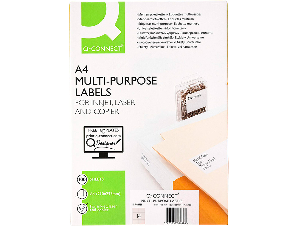 ÉTIQUETTE ADHÉSIVE Q-CONNECT 99X38.1MM COINS ARRONDIS IMPRIMANTE JET ENCRE LASER COPIEUR BOÎTE 100 FEUILLES 1400 UNITÉS