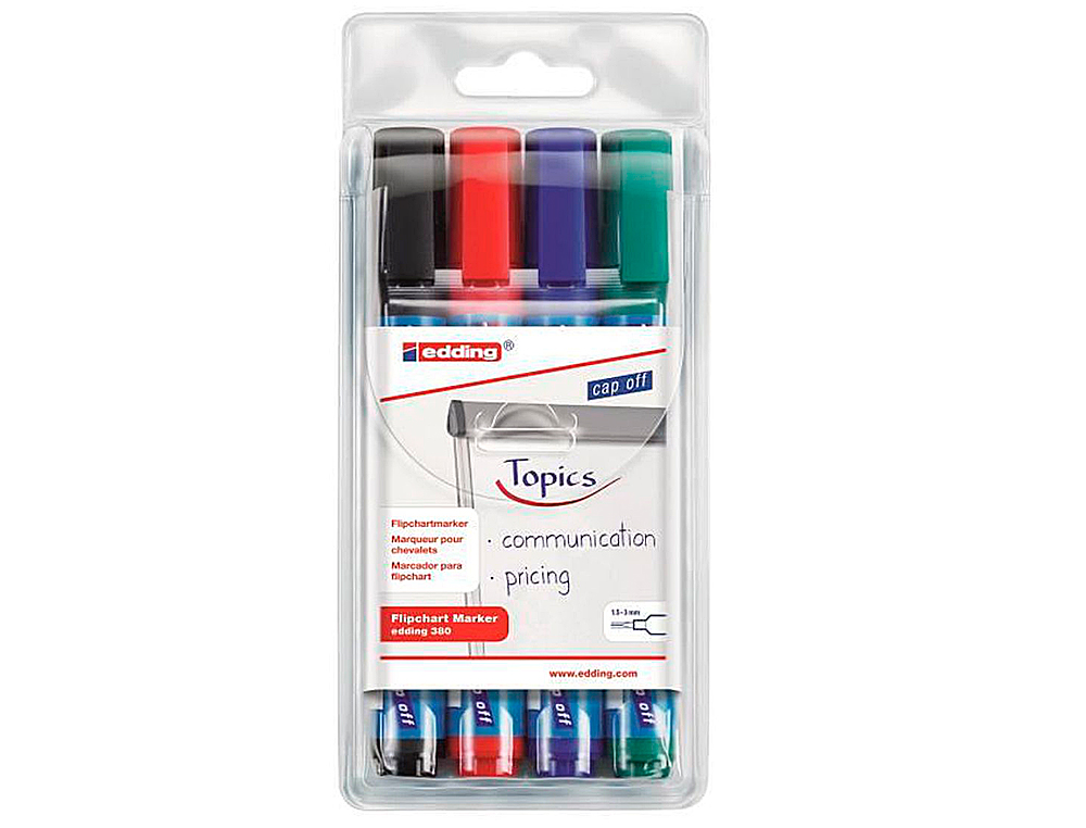 MARQUEUR EDDING PERMANENT CHEVALET E380 POINTE OGIVE TRACÉ 1.5/3MM CORPS PLASTIQUE SPÉCIAL FLIPCHART 4 UNITÉS ASSORTIES