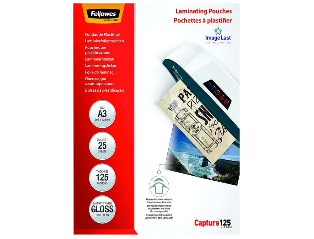 POCHETTE PLASTIFICATION FELLOWES  CHAUD POLYESTER TRANSPARENT RSISTANT EAU FORMAT A3 125 MICRONS BOTE 25 UNITS