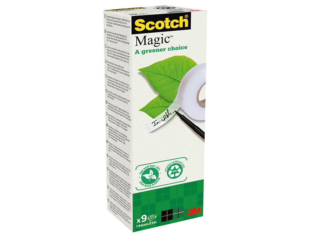 RUBAN ADHÉSIF SCOTCH MAGIC GREEN INVISIBLE RECYCLÉ 19MMX33M TOUR 9 ROULEAUX