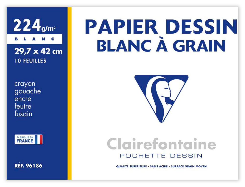 PAPIER DESSIN CLAIREFONTAINE GRAIN LGER PRONONC SANS ACIDE BLANCHEUR NATURELLE 224G A3 POCHETTE 10F
