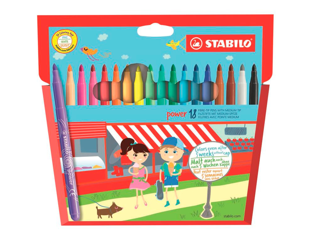 FEUTRE COLORIAGE STABILO POWER CAPUCHON VENTILÉ ENCRE LAVABLE POINTE MOYENNE NE SÈCHE PAS POCHETTE 18 UNITÉS