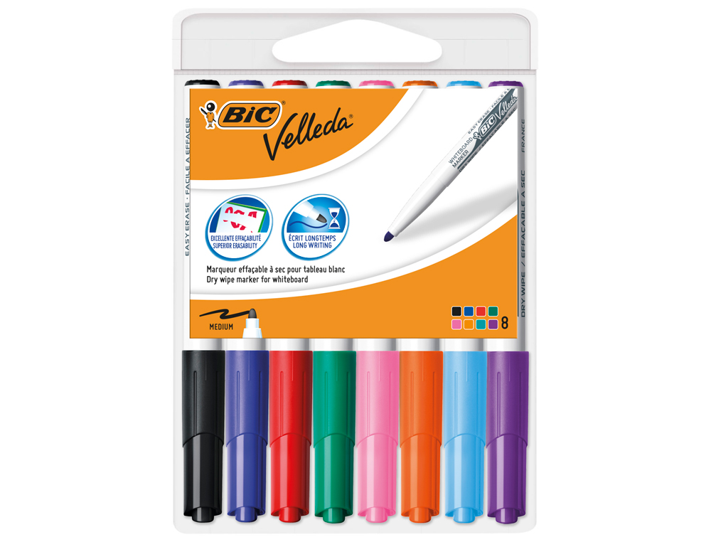 MARQUEUR BIC VELLEDA 1741 EFFAÇABLE POINTE OGIVE TRACÉ 2MM ENCRE CÉTONE FORMAT STYLO GRANDE LONGÉVITÉ POCHETTE 8 UNITÉS