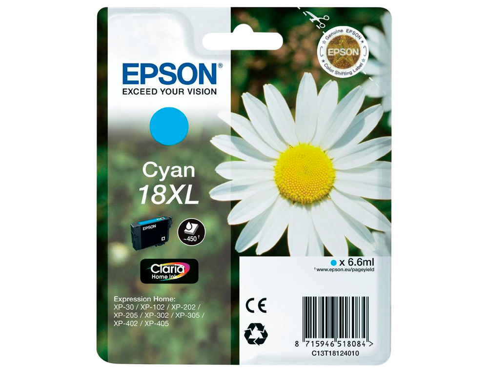CARTOUCHE EPSON T1812 JET D'ENCRE C13T18124010 COULEUR CYAN HAUTE CAPACIT 450P