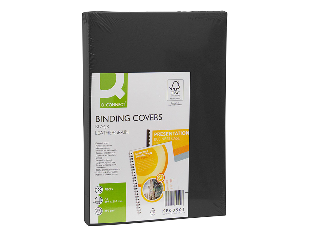 COUVERTURE Q-CONNECT CARTON 250G GRAIN CUIR POUR RELIURE FORMAT A4 COLORIS NOIR PAQUET 100 UNITÉS