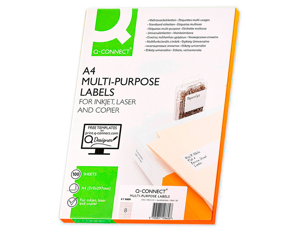 ÉTIQUETTE ADHÉSIVE Q-CONNECT 105X74MM COINS DROITS IMPRIMANTE JET D'ENCRE LASER COPIEUR 8 ÉTIQUETTES/FEUILLE 800 UNITÉS