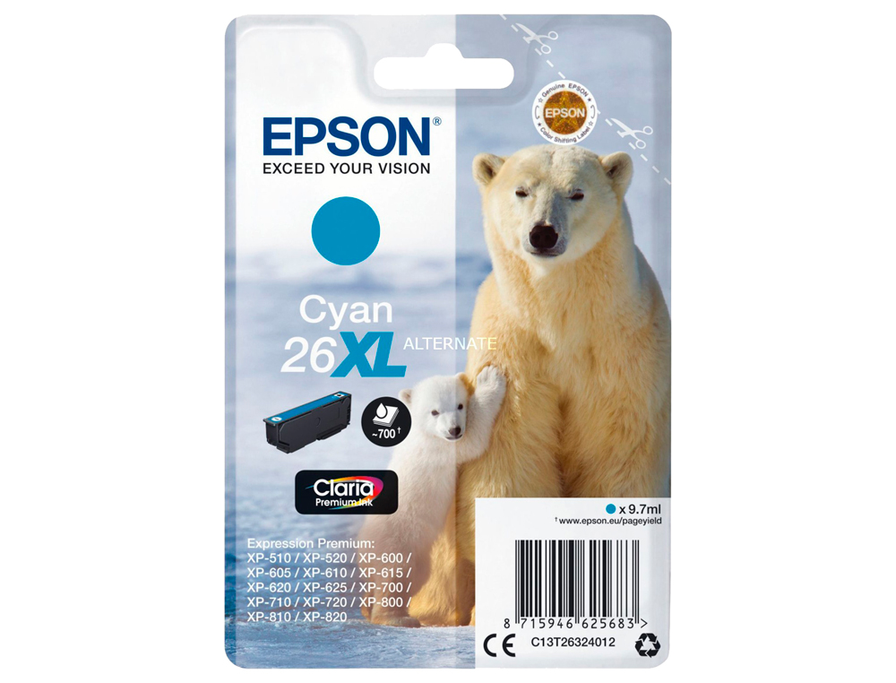 CARTOUCHE EPSON T2632 JET D'ENCRE C13T26324010 COULEUR CYAN HAUTE CAPACITÉ
