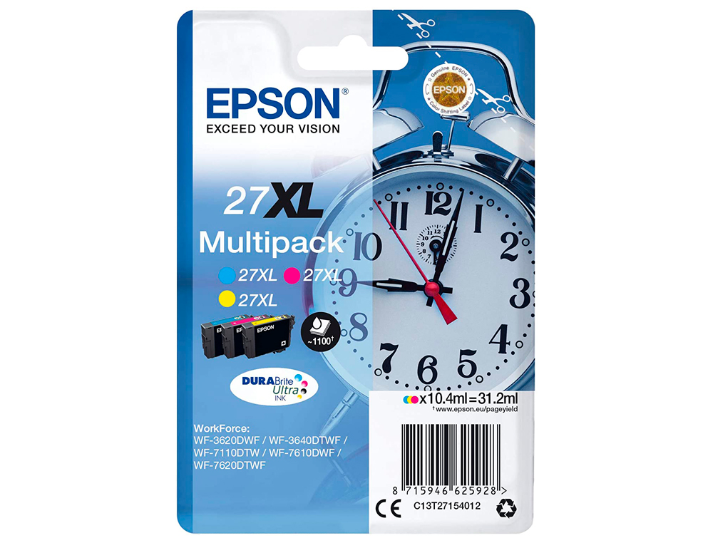 CARTOUCHE EPSON T2715 JET D'ENCRE C13T27054010 3 COULEURS CYAN/MAGENTA/JAUNE HAUTE CAPACIT 1100P