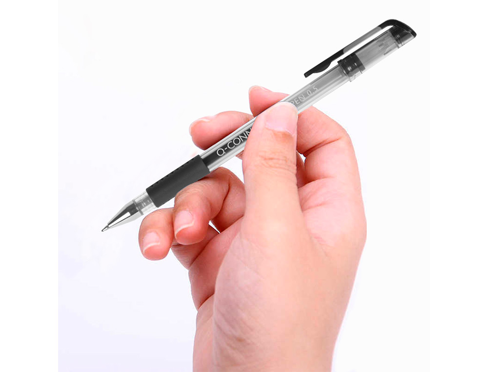 STYLO-BILLE Q-CONNECT ÉCRITURE MOYENNE 0.5MM CORPS TRANSLUCIDE GRIP CAOUTCHOUC COLORIS NOIR