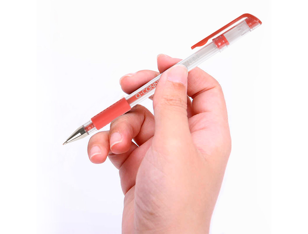 STYLO-BILLE Q-CONNECT ÉCRITURE MOYENNE 0.5MM CORPS TRANSLUCIDE GRIP CAOUTCHOUC COLORIS ROUGE