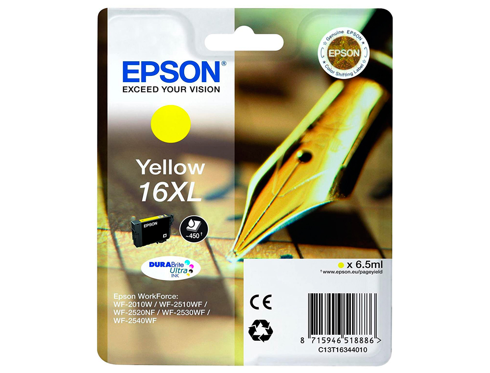 CARTOUCHE EPSON T1634 JET D'ENCRE C13T16344010 COULEUR JAUNE HAUTE CAPACIT 450P