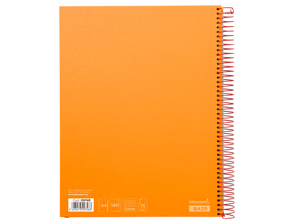 CAHIER SPIRALE LIDERPAPEL JOLLY COUVERTURE CONTRECOLL A4 280P 75G/M2 5X5MM MICROPERFOR 4 TROUS COLORIS ORANGE