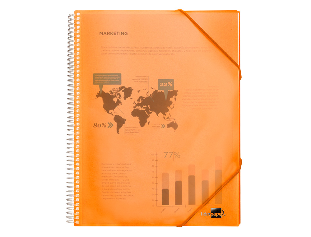 PROTGE-DOCUMENTS LIDERPAPEL POLYPROPYLNE COUVERTURE RIGIDE SPIRALE 10 POCHETTES FIXES A4 210X297MM COLORIS ORANGE