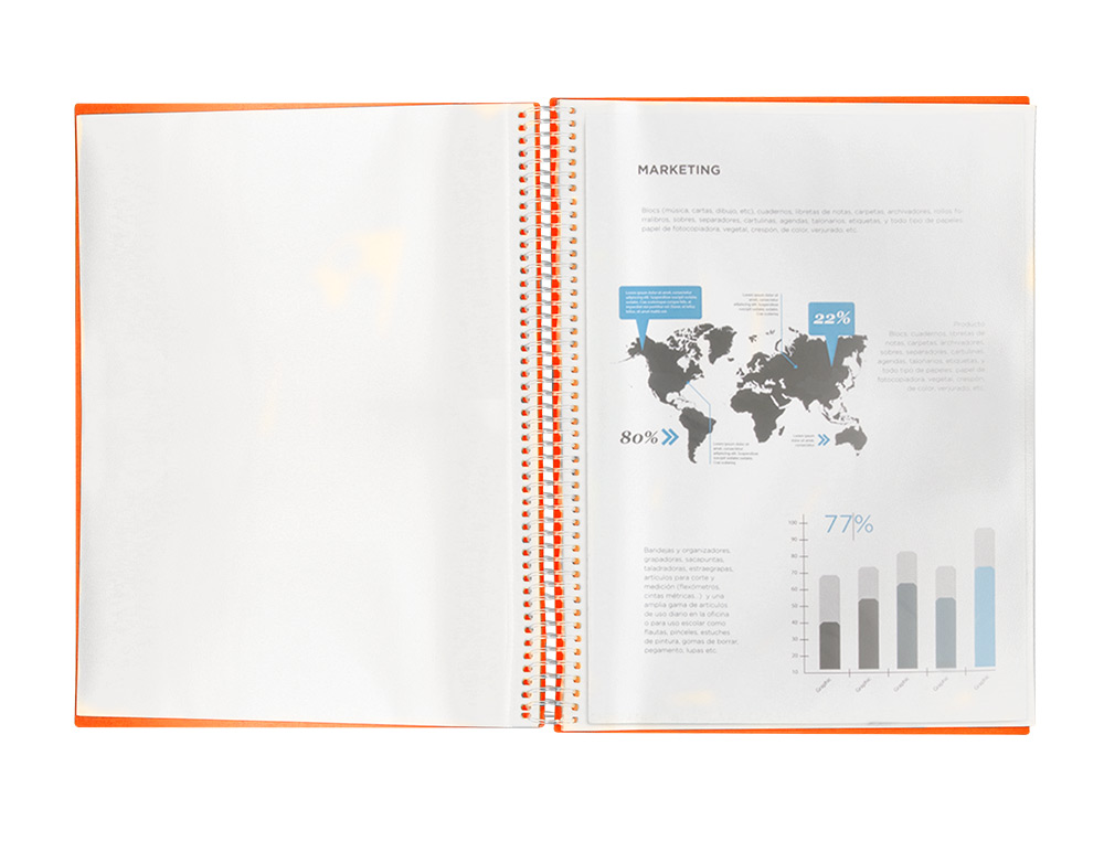 PROTGE-DOCUMENTS LIDERPAPEL POLYPROPYLNE COUVERTURE RIGIDE SPIRALE 10 POCHETTES FIXES A4 210X297MM COLORIS ORANGE