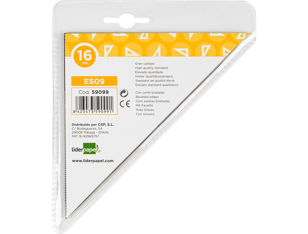 ÉQUERRE GÉOMÉTRIE LIDERPAPEL GRADUÉE LONGUEUR CÔTÉ MAJEUR 50CM DIMENSION HYPOTÉNUSE 16CM PLASTIQUE SANS PRÉHENSION FIXE