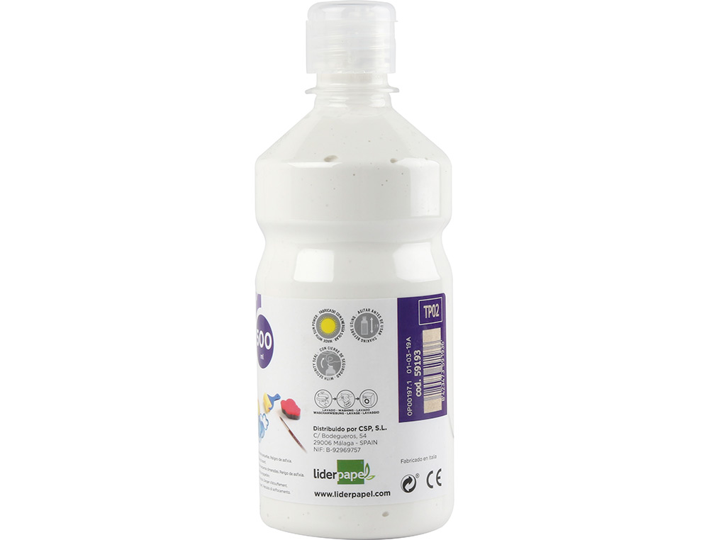 GOUACHE SCOLAIRE LIDERPAPEL LIQUIDE LAVABLE FERMETURE SÉCURITÉ BRILLANTE COLORIS BLANC FLACON 500ML