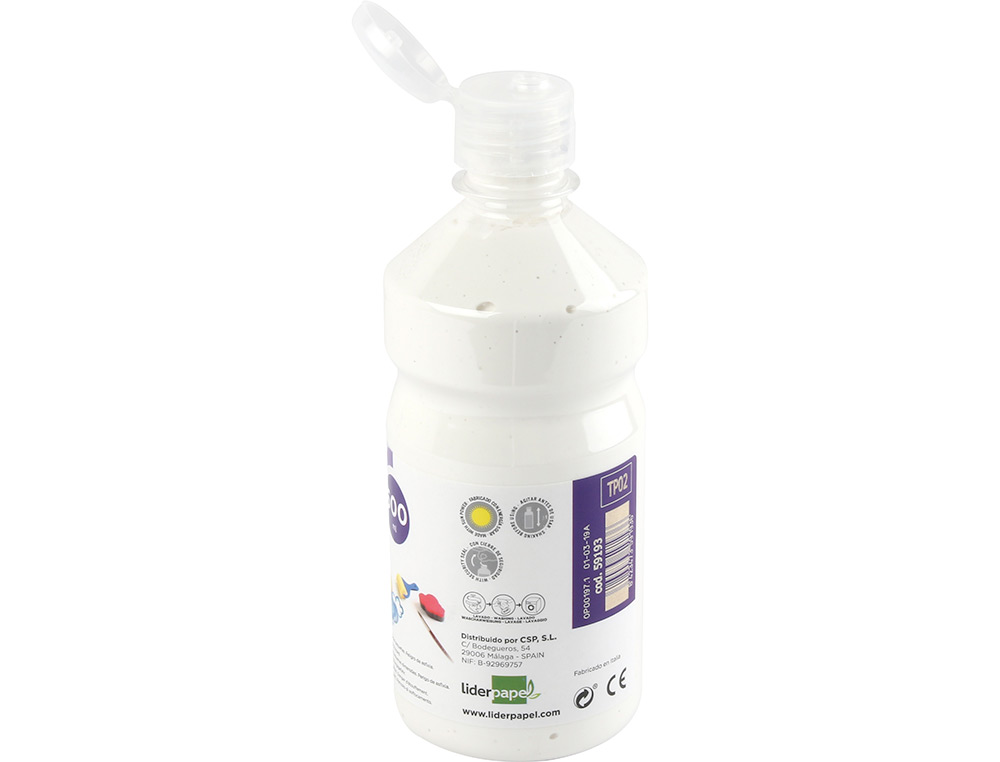 GOUACHE SCOLAIRE LIDERPAPEL LIQUIDE LAVABLE FERMETURE SÉCURITÉ BRILLANTE COLORIS BLANC FLACON 500ML