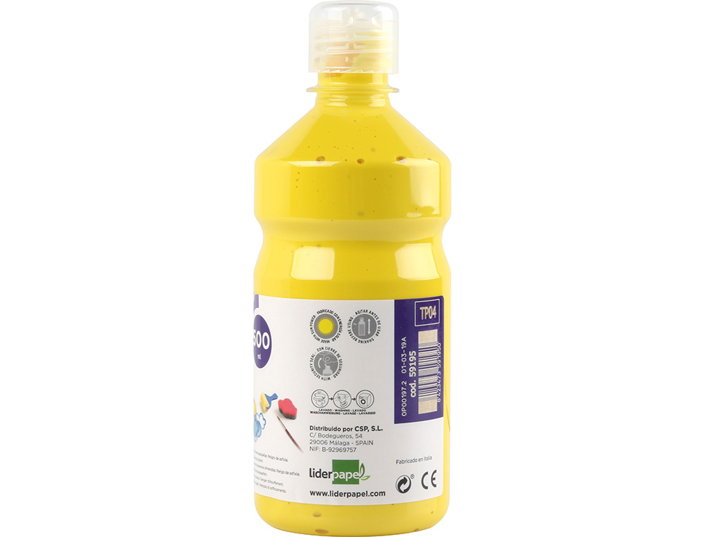 GOUACHE SCOLAIRE LIDERPAPEL LIQUIDE LAVABLE FERMETURE SÉCURITÉ BRILLANTE COLORIS JAUNE FLACON 500ML
