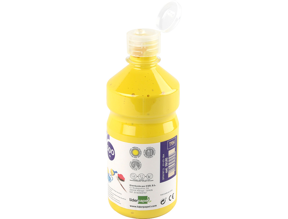 GOUACHE SCOLAIRE LIDERPAPEL LIQUIDE LAVABLE FERMETURE SÉCURITÉ BRILLANTE COLORIS JAUNE FLACON 500ML