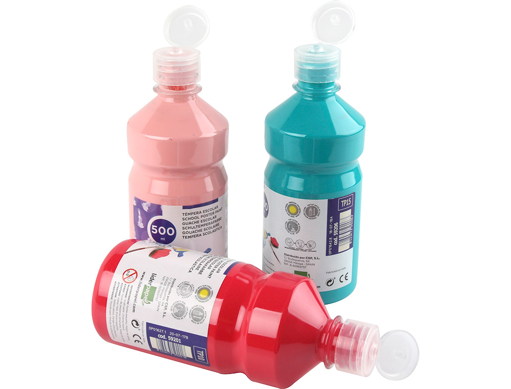 GOUACHE SCOLAIRE LIDERPAPEL LIQUIDE LAVABLE FERMETURE SÉCURITÉ BRILLANTE COLORIS JAUNE FLACON 500ML