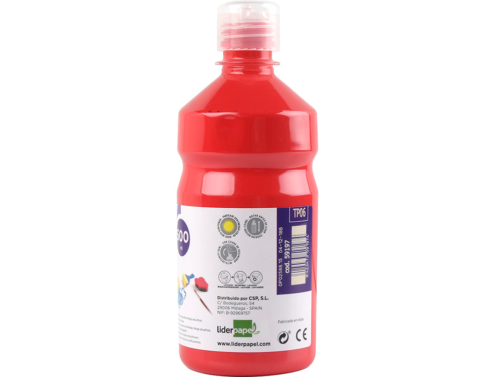 GOUACHE SCOLAIRE LIDERPAPEL LIQUIDE LAVABLE FERMETURE SÉCURITÉ BRILLANTE COLORIS ROUGE FLACON 500ML
