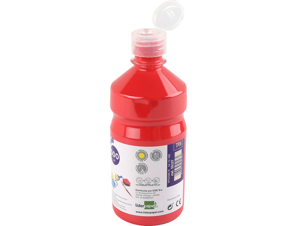 GOUACHE SCOLAIRE LIDERPAPEL LIQUIDE LAVABLE FERMETURE SÉCURITÉ BRILLANTE COLORIS ROUGE FLACON 500ML