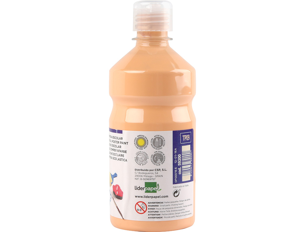 GOUACHE SCOLAIRE LIDERPAPEL LIQUIDE LAVABLE FERMETURE SÉCURITÉ BRILLANTE COLORIS CHAIR FLACON 500ML